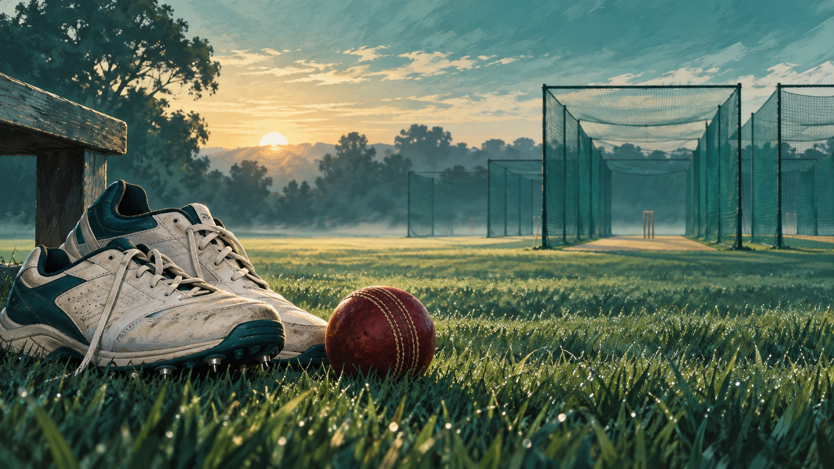 AI-generated editorial illustration of a cricket ball and bowling shoes beside empty practice nets.
