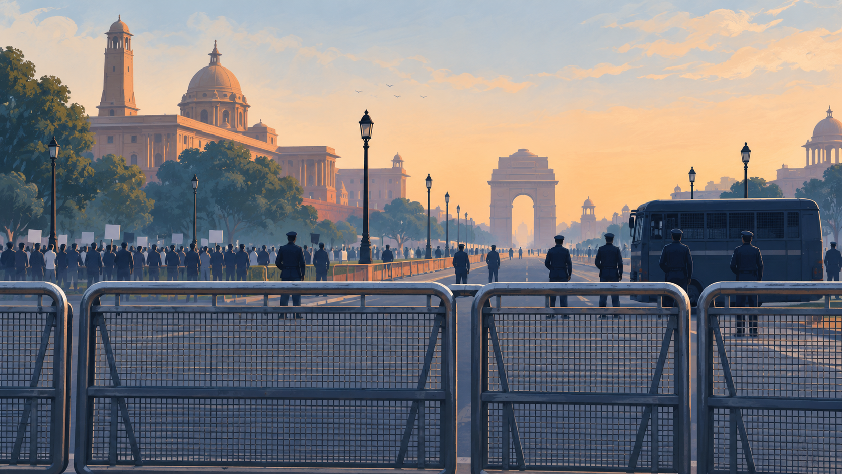 AI-generated conceptual illustration of a Delhi street barricade, citizens and a police bus.