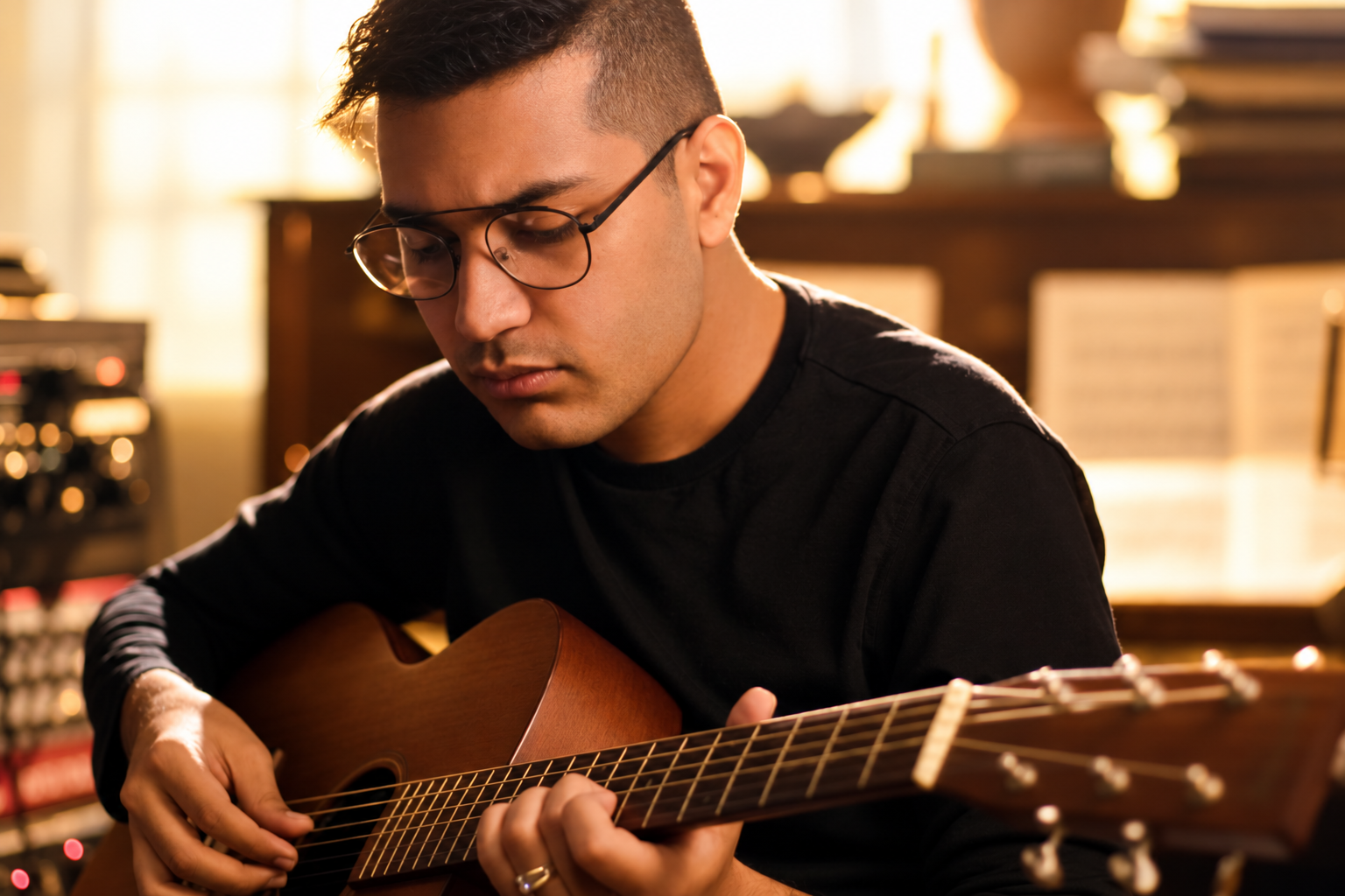AI-modified archive portrait of Shashwat Sachdev, playing guitar in a studio, 2016-07-27; not a photograph of the reported event.
