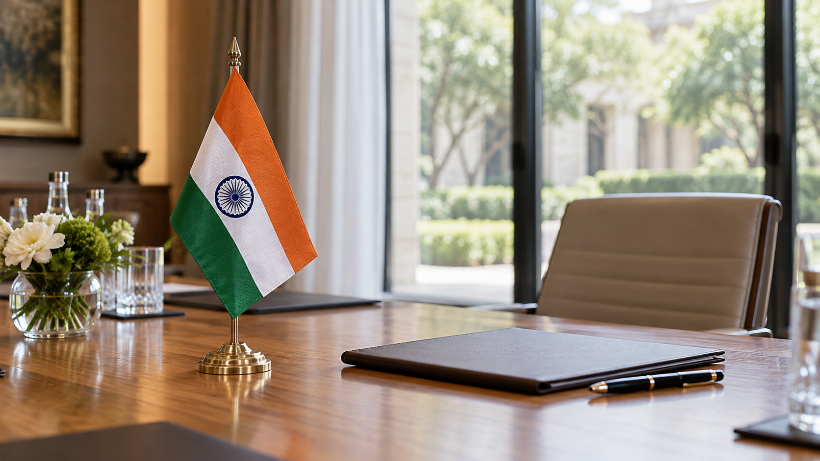 AI-generated editorial imagery of an Indian desk flag in a generic meeting room; not a photograph of the reported event.