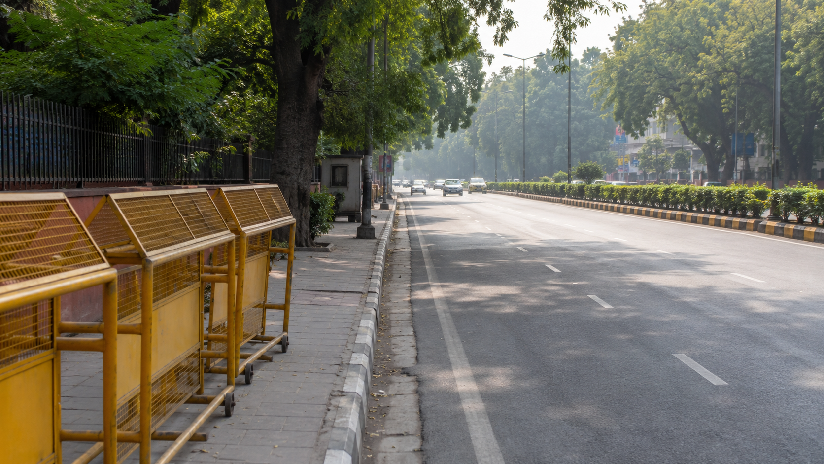AI-generated editorial imagery of a generic street and barricades; not a photograph of the alleged assault.