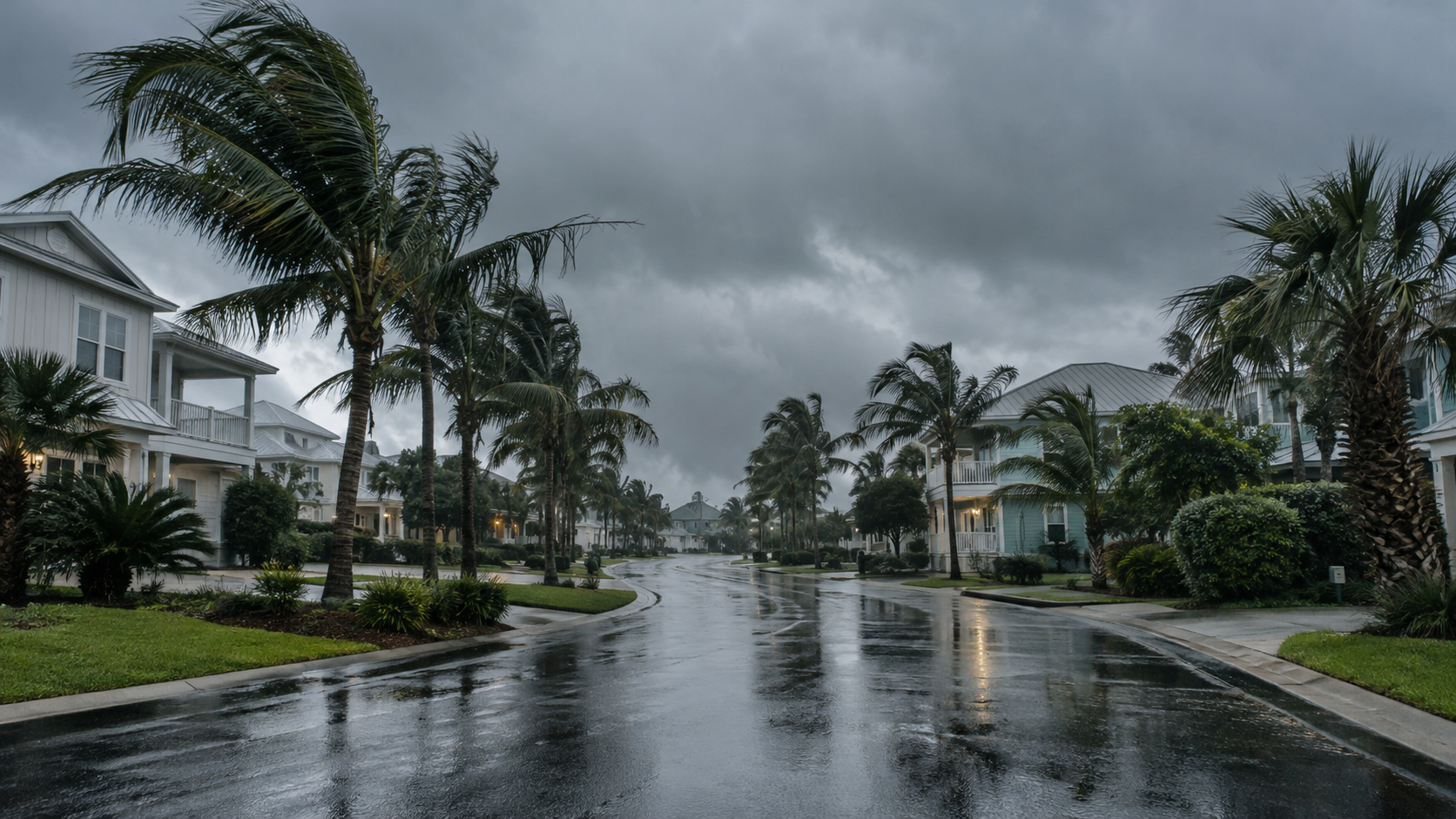 AI-generated editorial imagery of a generic rainy coastal street; not a photograph of Isaias or its damage.