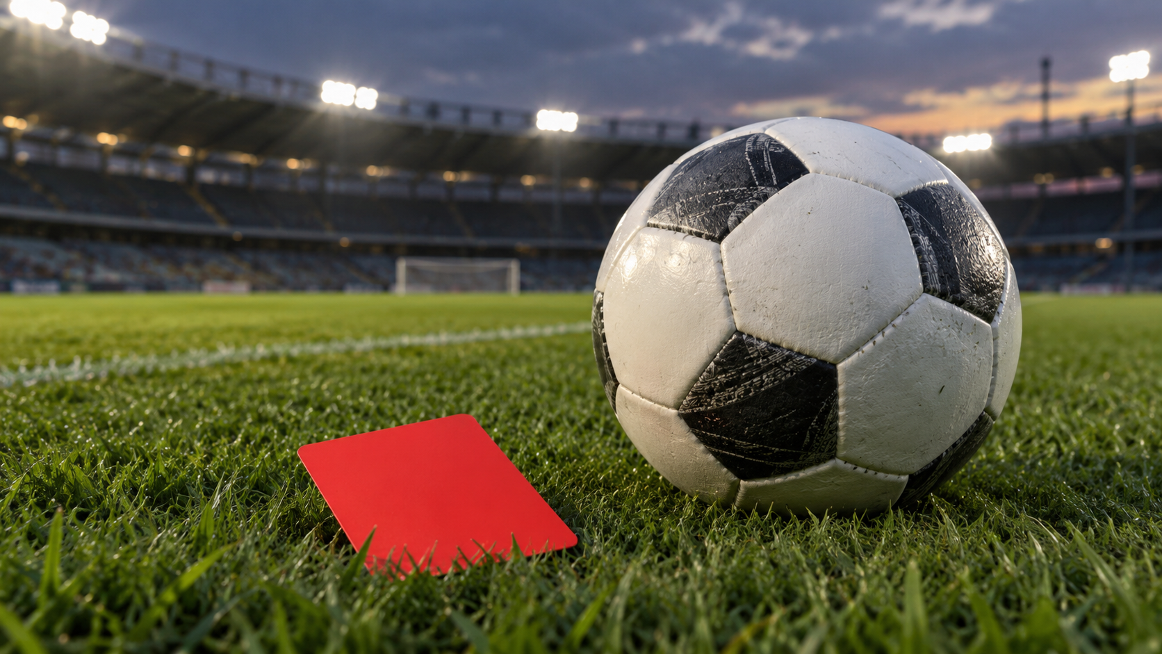 AI-generated editorial imagery of a referee card and football; not a photograph of the Real Madrid match.