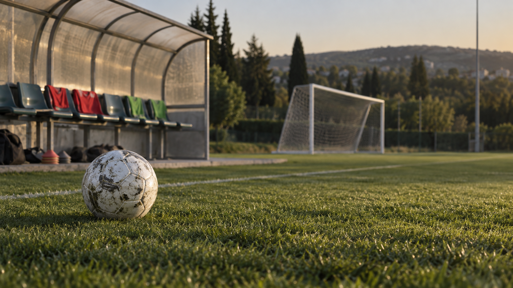 AI-generated photographic-looking editorial image of a generic empty football training ground; not a photograph of Cristiano Ronaldo or the reported incident.