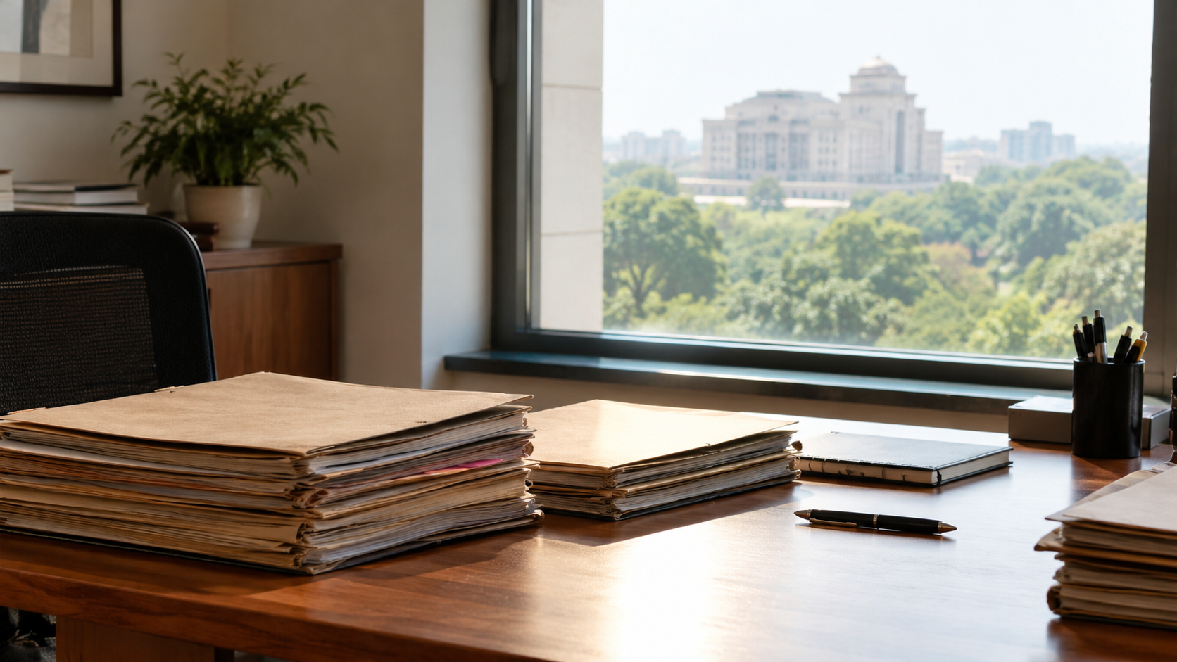 AI-generated editorial imagery of a generic administrative office desk; not the actual appointment or Election Commission office.