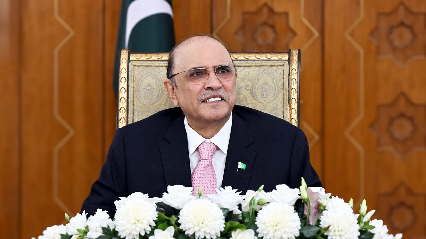 AI-modified editorial archive portrait of Asif Ali Zardari from a licensed July 2024 photograph; not a photograph of the October 2026 proclamation.