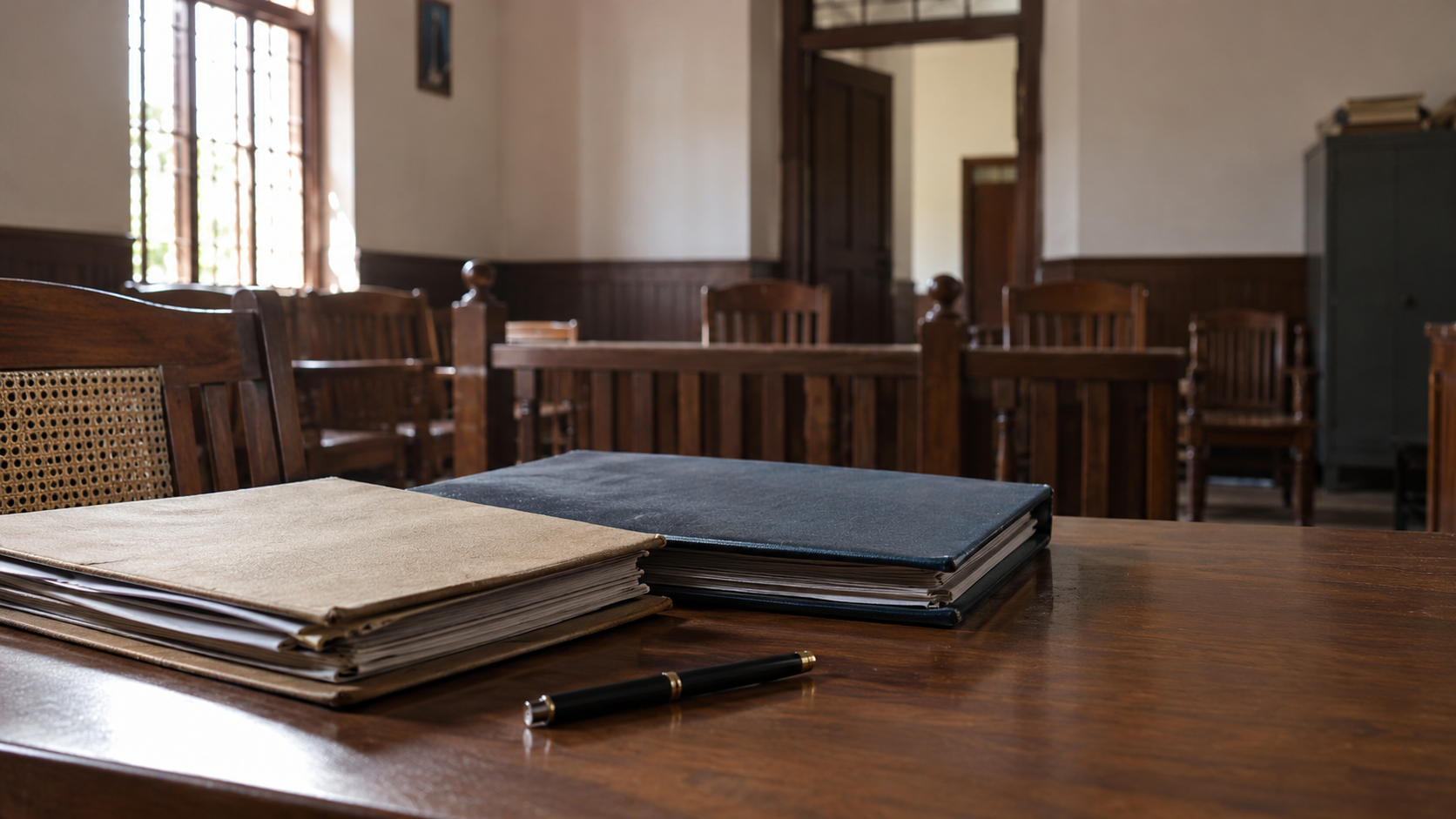 AI-generated editorial imagery of a generic empty administrative hearing room; not a photograph of the actual court or leaders’ release.
