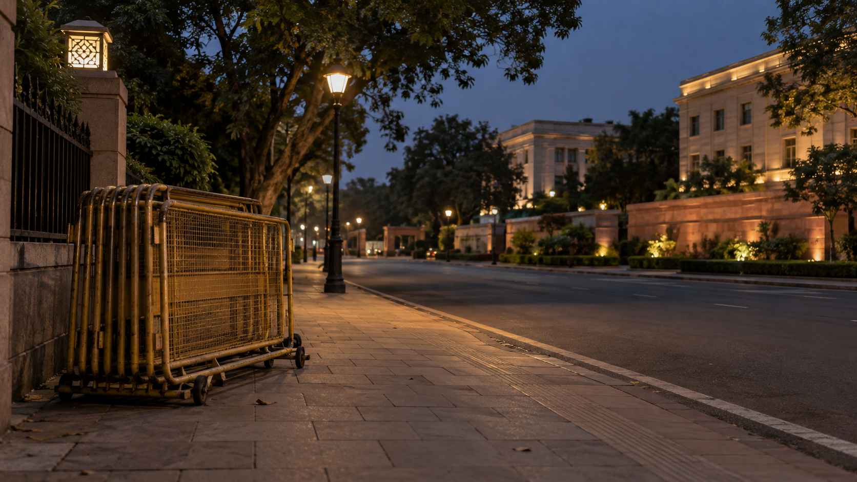 AI-generated photographic-looking editorial image of a generic civic street with parked barriers at dusk; not a photograph of the Delhi protest or detainee releases.