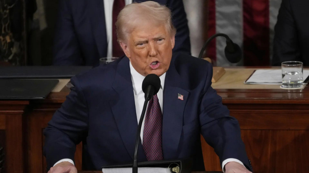 “Trump’s Congress Address Emphasizes Swift Actions, Bipartisanship, and Controversial Foreign Policy Decisions in Dark Purple Tie”