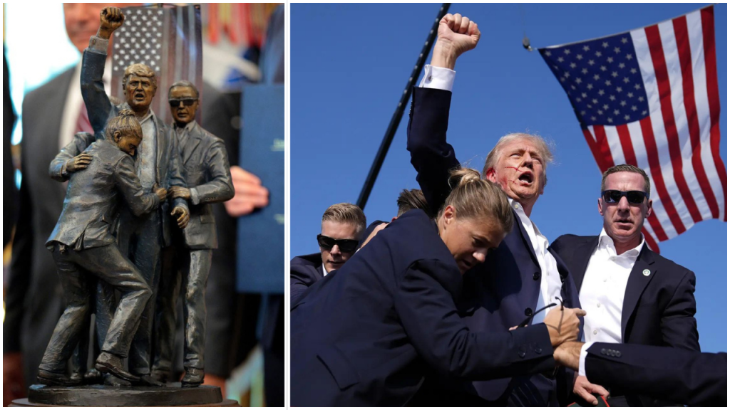 “Trump assassination attempt sculpture installed in Oval Office, captures defiant moment after rally shooting”