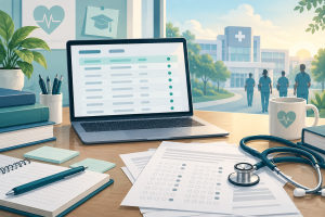 AI-generated editorial illustration of a computer, examination documents and stethoscope representing nursing recruitment results.