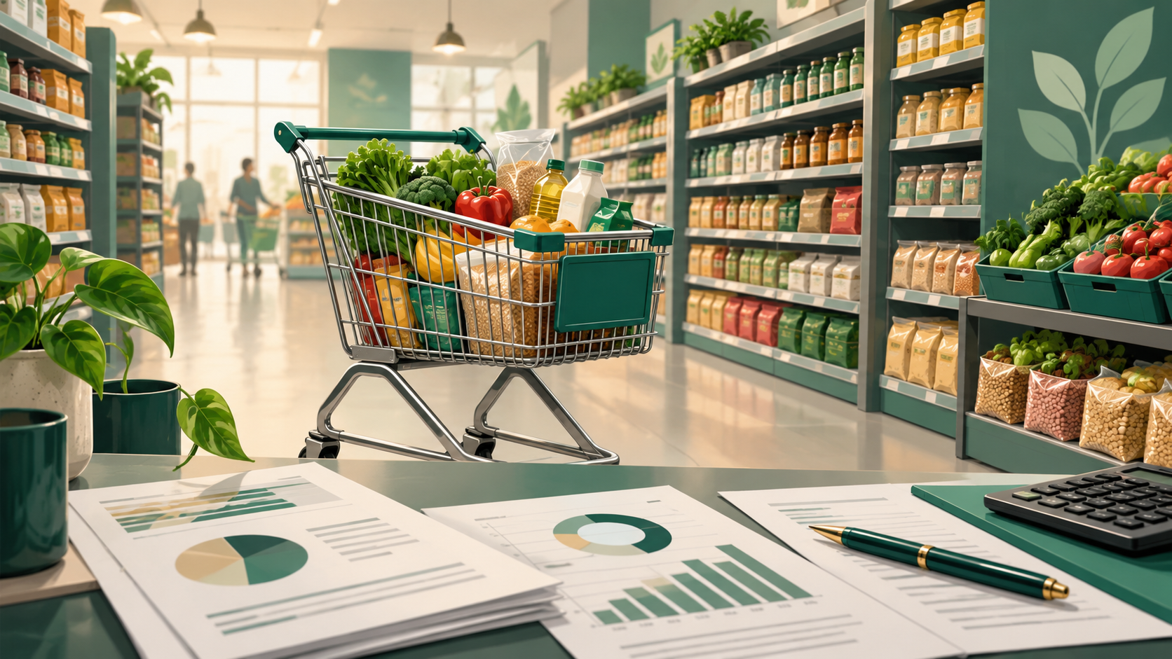 AI-generated conceptual illustration of a supermarket trolley, shelves and accounting charts.