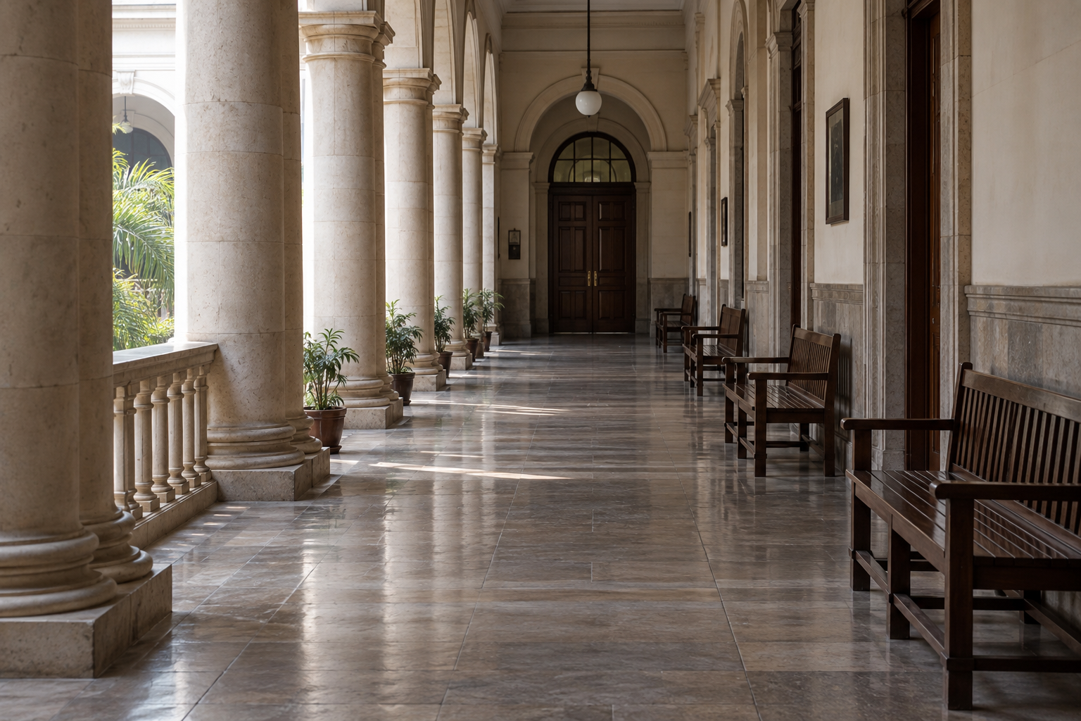 AI-generated photographic-looking editorial image of a generic courthouse corridor; not documentary evidence of the Supreme Court hearing.