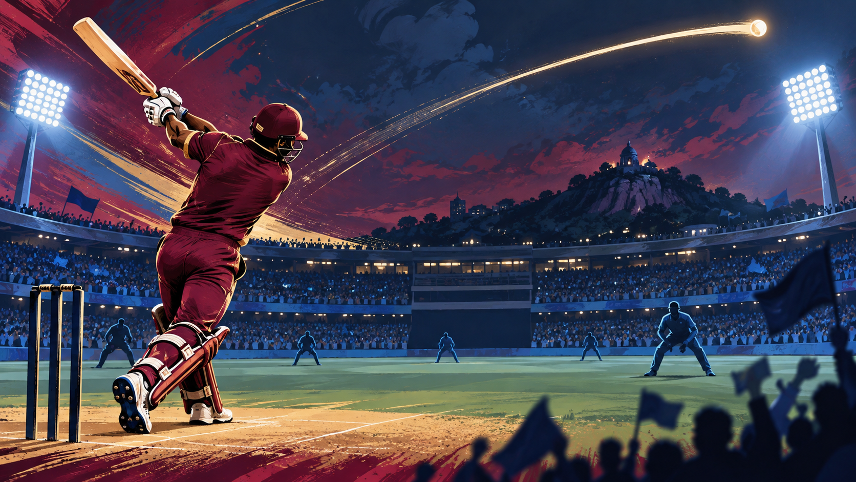 AI-generated editorial illustration of a maroon-clad cricket batter under floodlights; not a photograph of the Ranchi match.