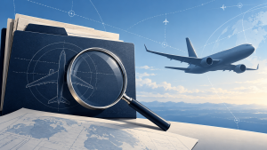 AI-generated conceptual illustration of a passenger aircraft, investigation folder and magnifying glass.