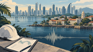 AI-generated conceptual illustration of a Panama skyline, seismic waveform, safety helmet and clipboard.