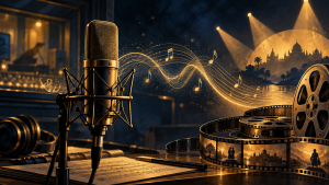 AI-generated editorial illustration of a microphone, music waveforms and film reel representing soundtrack award consideration.