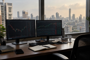 AI-generated photographic-looking editorial image of a generic trading desk; not a photograph of SEBI or the reported event.