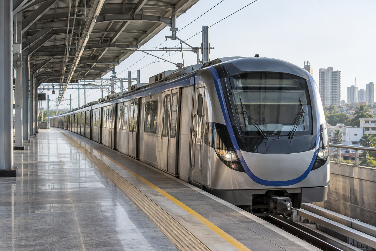 AI-generated photographic-looking editorial image of a generic elevated metro station; not a photograph of Chennai Metro’s new corridor.