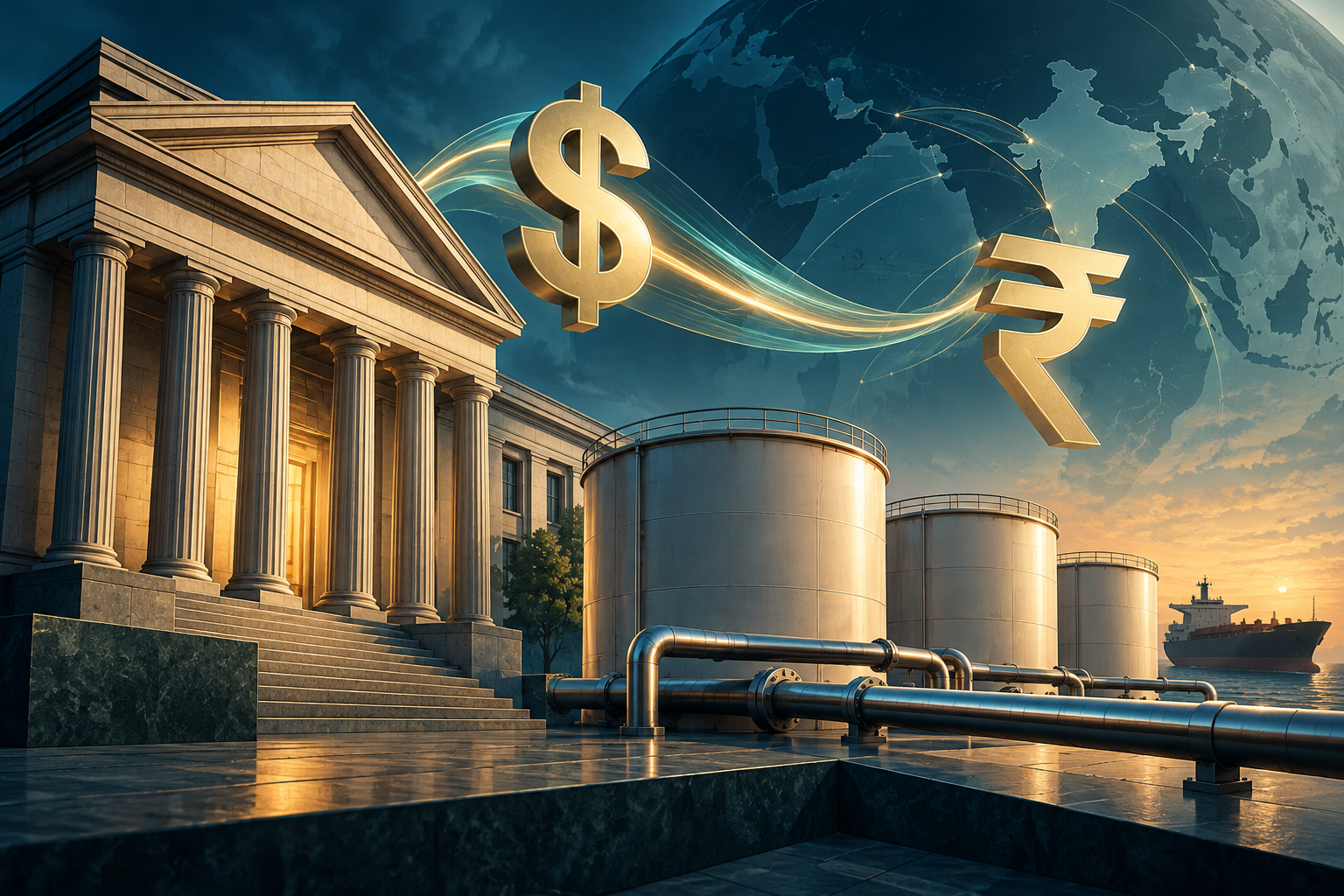 AI-generated editorial illustration of banking architecture and fuel storage tanks representing the RBI dollar window for oil companies.